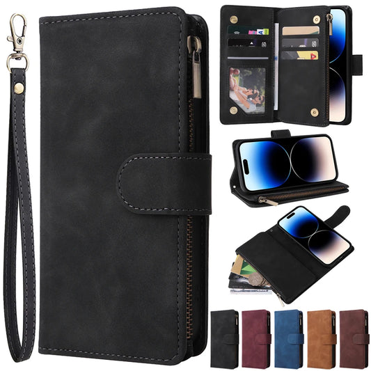 Multi Card Slots Case For iPhone 15 Wallet Zipper Flip Leather Cover